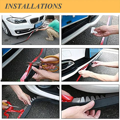 Installation process of the Universal Car Front Bumper Protector Self Adhesive Rubber Lip Spoiler Trim Guard Heavy Duty 2.5M 8.2ft Long Red Anti Scratch Protection For Cars Trucks SUVs And More with close-ups of application and cutting.