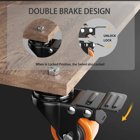 Close-up of heavy duty two inch caster wheels with dual locking brake design mounted on wooden surface.