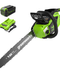 Powerhouse 40V Brushless Cordless Chain Saw With Heavy 16 Inch Bar And Included Battery Pack on display with charger.