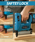 Top Shelf Cordless Brad Nailer Kit With 21V Power And Hella Long Battery Life For Smooth Woodworking showcasing safety lock in use.
