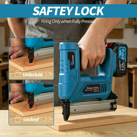 Top Shelf Cordless Brad Nailer Kit With 21V Power And Hella Long Battery Life For Smooth Woodworking showcasing safety lock in use.