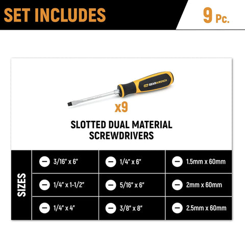 Display of sizes included in 9 Piece Slotted Dual Material Screwdriver Set In Foam Storage Tray With Non-Slip Black Oxide Tips