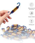 Hand holding Two Pack Ride Ready Motorcycle Exhaust Springs 40mm To 60mm Universal Stainless Steel Reinforced Spring Hooks, multicolor blue.