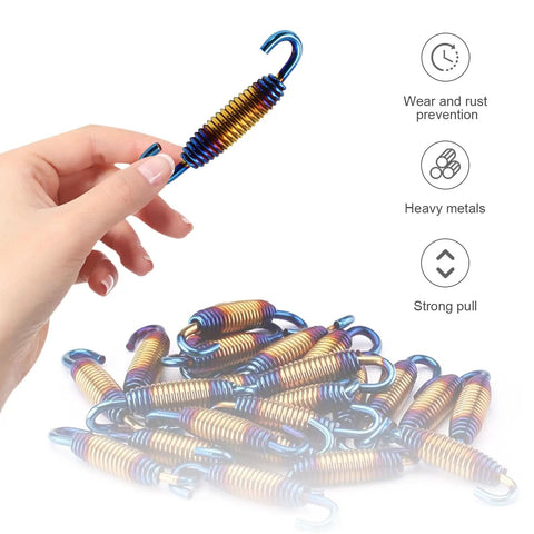 Hand holding Two Pack Ride Ready Motorcycle Exhaust Springs 40mm To 60mm Universal Stainless Steel Reinforced Spring Hooks, multicolor blue.