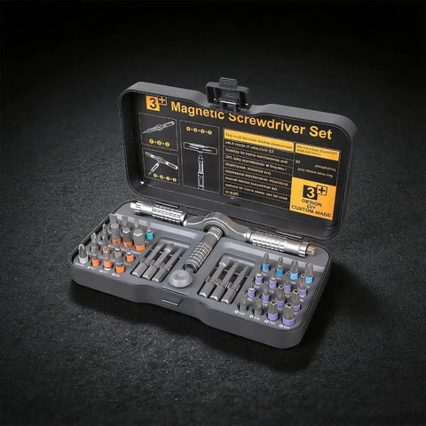 Open case of 40 Piece Ratchet Tool Kit For Home And Professional Use With Magnetic Bits Detachable T Handle Set