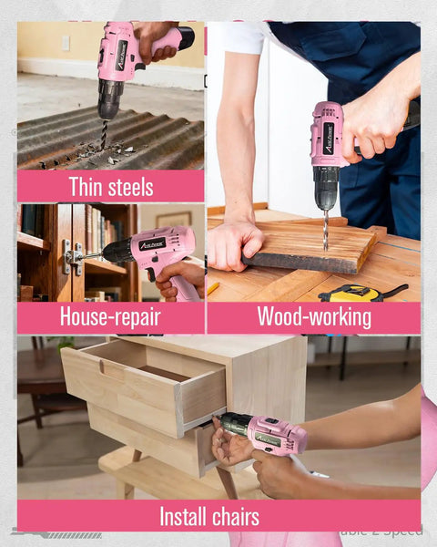 Pink 12V Cordless Drill And Driver Set With 21 Bits For Women, No Sweat Power Screwdriver For DIY Home Repairs in action.