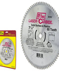 7 1/4 Inch Tungsten Carbide Circular Saw Blade With 60 Tooth Triple Chip Grind cuts acrylic Plexiglas and solid surfaces, shown with packaging.