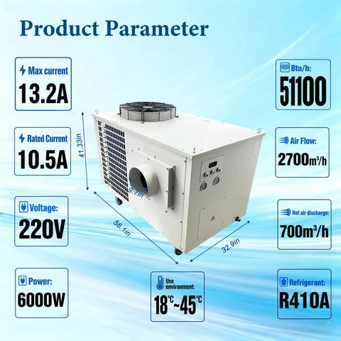 Heavy Lifter 220V Three Phase Industrial Air Conditioner And Portable Spot Cooler Pumping 6KW Power And 51100 BTU Hour Freeze specifications image.