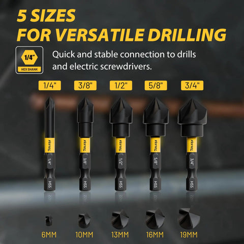 Five Piece Countersink Drill Bit Set With 82 Degree Five Flute Design Nitride Coated High Speed Steel in various sizes for versatile drilling