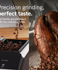One Touch Espresso And Coffee Maker With Ceramic Grinder Barista Style Milk Froth Bean To Cup Brewing Large Bean Hopper Easy Clean Maintenance Silver TIU20307 showing close-up of beans being ground