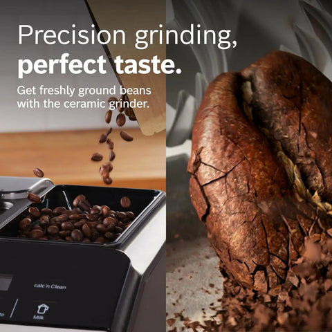 One Touch Espresso And Coffee Maker With Ceramic Grinder Barista Style Milk Froth Bean To Cup Brewing Large Bean Hopper Easy Clean Maintenance Silver TIU20307 showing close-up of beans being ground