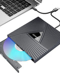 External CD DVD Drive For Laptop And PC USB C Portable Disk Burner showing connected to laptop with disc inserted