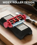 Straight Up Tough Metal Chisel Sharpening Jig And Honing Guide For Woodworking Blades 0.1 To 2.8 Inches With Adjustable Angle Fixture And Laser Etched Gauge 10 To 45 Degrees Dead Accurate Slick Pink Red with wider roller design
