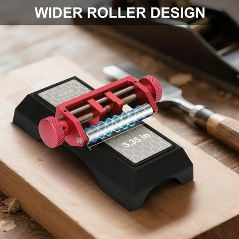 Straight Up Tough Metal Chisel Sharpening Jig And Honing Guide For Woodworking Blades 0.1 To 2.8 Inches With Adjustable Angle Fixture And Laser Etched Gauge 10 To 45 Degrees Dead Accurate Slick Pink Red with wider roller design