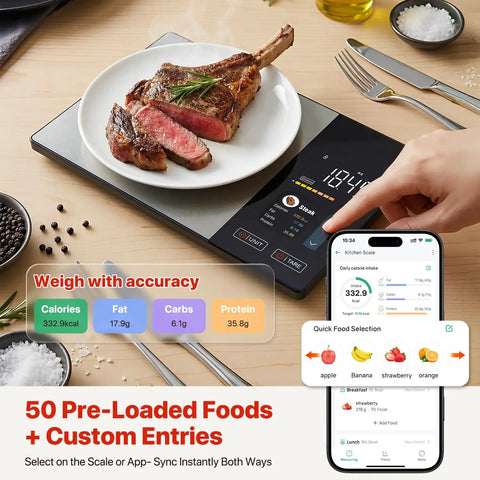 Smart Food Scale With Nutritional Calculator And App Sync For Accurate Calorie Fat Carbs And Protein Tracking Meal Prep Made Easy With 1M Food Database Built In 50 Plus Foods And 23 Nutrients TFT Display showing steak.