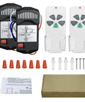 Two Pack Universal Ceiling Fan Remote Kit With Light Dimmer And Three Speed Receiver, wireless controls, hardware, and packaging