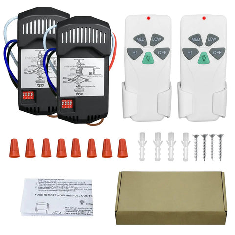 Two Pack Universal Ceiling Fan Remote Kit With Light Dimmer And Three Speed Receiver, wireless controls, hardware, and packaging