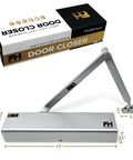 Beefed Up Commercial Door Closer Automatic For High Traffic Doors Adjustable ANSI BHMA Grade 1 with box and dimensions shown