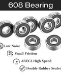 608 RS Chrome Steel Ball Bearings 100 Pack 8x22x7mm Pre Lubricated Double Rubber Sealed ABEC 3 displayed with features icons.
