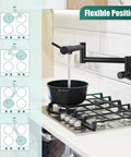 Wall Mount Pot Filler Faucet With Folding Double Arm Swing, 19 Inch Reach, Two Handles, Stainless Steel Matte Black, in use
