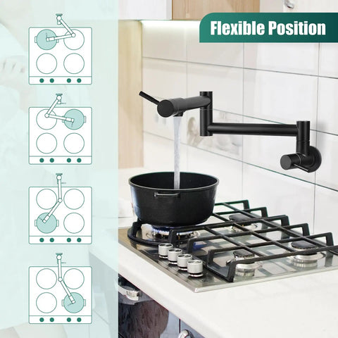 Wall Mount Pot Filler Faucet With Folding Double Arm Swing, 19 Inch Reach, Two Handles, Stainless Steel Matte Black, in use