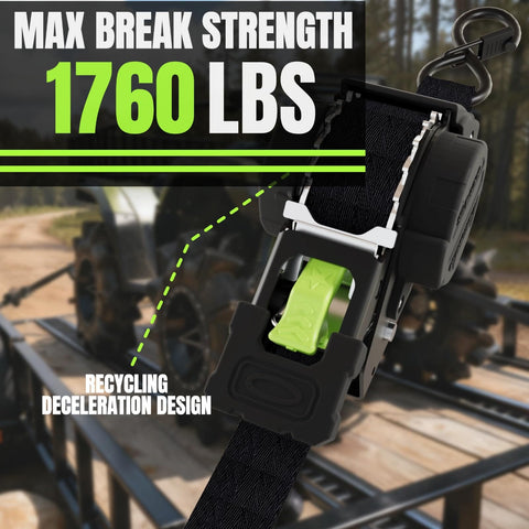 Beefy Heavy Duty 1 Inch By 12 Foot Auto Retracting Ratchet Straps with 1760 Pound Break Strength on trailer