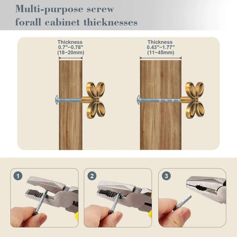 Six Pack Butterfly Brass Cabinet Knobs Zinc Alloy Vintage Hardware for all cabinet thicknesses installation details
