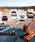 Heavy Duty Jack Pads For Tesla Models 3 S X Y With Juniper Style 4 Pucks And Storage Case, shown with images of Tesla cars.