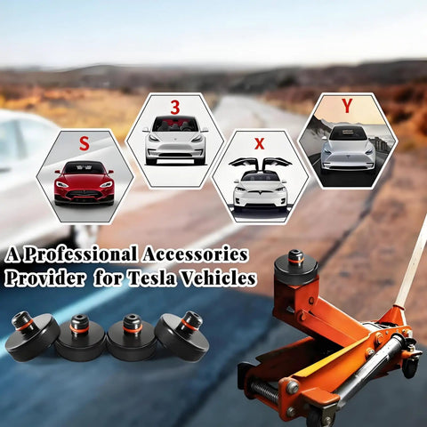 Heavy Duty Jack Pads For Tesla Models 3 S X Y With Juniper Style 4 Pucks And Storage Case, shown with images of Tesla cars.