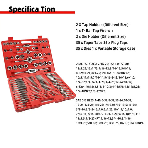 All In One 110 Piece Tap And Die Set For SAE And Metric Threads With Heavy Duty Storage Case, open case view.
