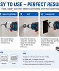 Easy to use guide for Top Tier HSS Drywall Cut Out Bits 1/8 Inch Guide Point Rotary Router Tool for cutting wall openings.