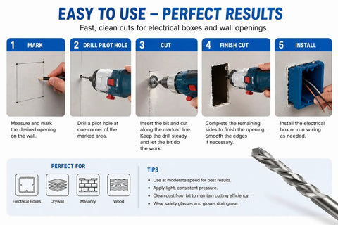 Easy to use guide for Rock Solid 5/32 Inch Drywall Cut Out Bits with steps for cutting precise openings in drywall.