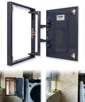Rock Solid Invisible Drywall Access Panel Kit Featuring Slick Steel Build And Effortless Press To Pop Opening, half-open view showcasing steel frame and hinges.