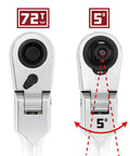 Close-up of Long Reach Flex Head Ratchet Set With 72-Tooth Drive showing head design and 5-degree pivot angle markings.