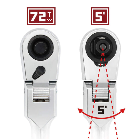 Close-up of Long Reach Flex Head Ratchet Set With 72-Tooth Drive showing head design and 5-degree pivot angle markings.
