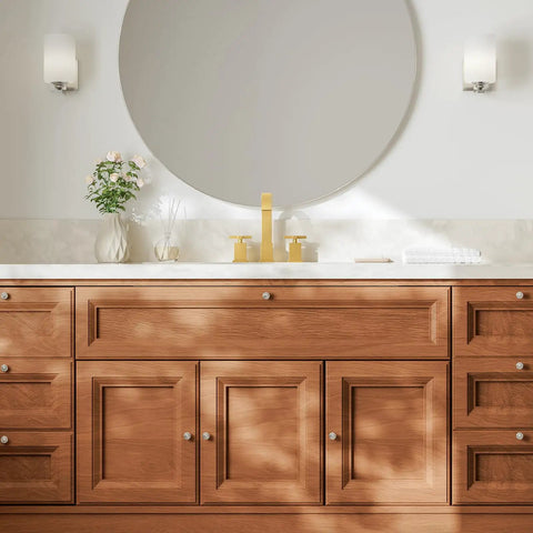 Brushed Gold Bathroom Sink Faucet With Waterfall Design, Widespread 8-Inch 3-Hole Mount in modern bathroom setup
