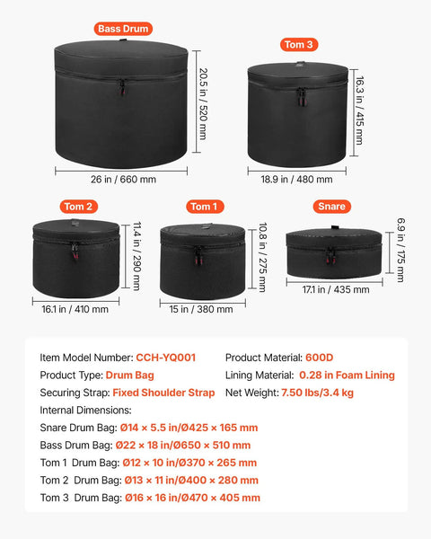 Tour Tough Five Piece Drum Case Set Crafted From Durable 600D Nylon With Heavy Padding for various drum sizes including kick and snare.