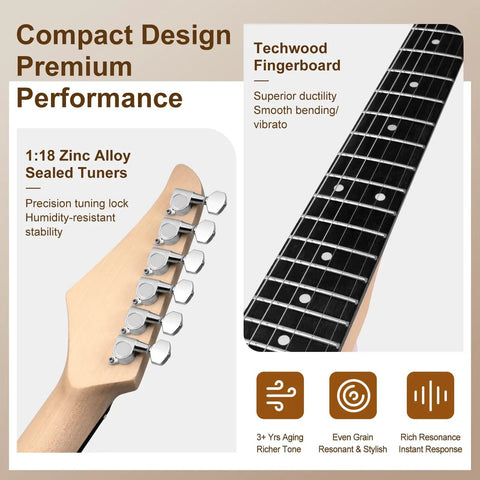 Close-up of the 39 Inch Electric Guitar Bundle with zinc alloy tuners and Techwood fingerboard highlighting performance features.