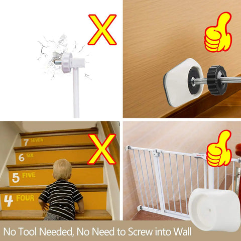 Wall Cup Protectors For Baby Gates, Pressure Mounted Safety Gate Stabilizers; images show stability and wall protection features.