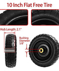 Diagram of 4 Pack 10 Inch Flat Free Tires For Gorilla Carts And Garden Wagons with hub length and bushing diameter details