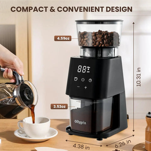 Ollygrin Electric Conical Burr Coffee Grinder With 30 Precise Grind Settings For Espresso Drip And French Press, compact design with touchscreen.