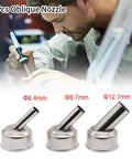 Three Pack 45 Degree Bend Heat Gun Nozzle Set Stainless Steel Desoldering Nozzles for soldering station with size variations and person using tools in background