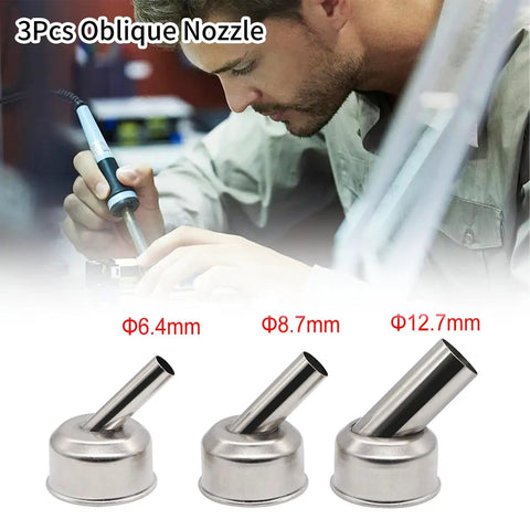 Three Pack 45 Degree Bend Heat Gun Nozzle Set Stainless Steel Desoldering Nozzles for soldering station with size variations and person using tools in background