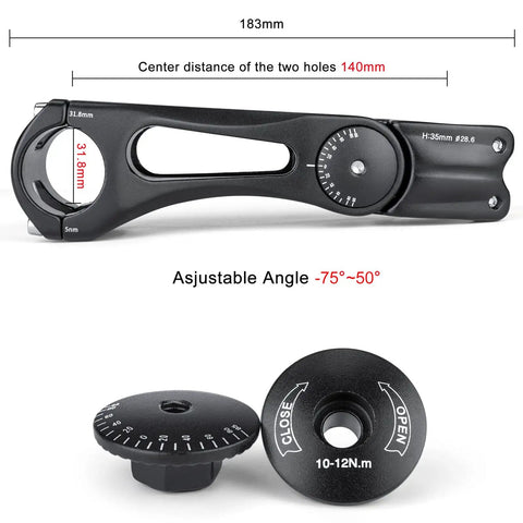Adjustable Minus Sixty Five Degree To Plus Forty Five Degree Aluminum Bike Stem Riser, 140mm Length, Fits 31.8mm Handlebars