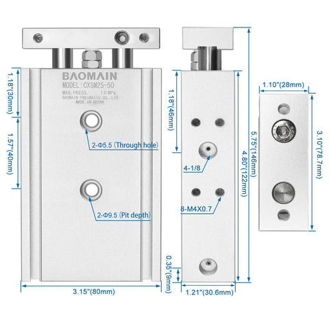 Heavy Duty Double Rod Pneumatic Air Cylinder 25mm Bore 50mm Stroke Double Acting Aluminum Body With PT One Eighth Port
