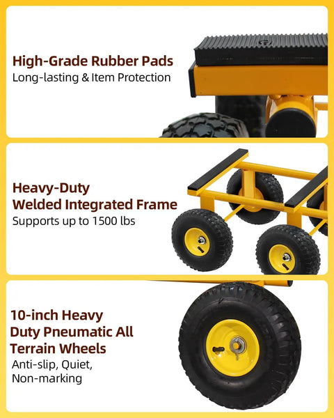 Beast Mode Six Wheel All Terrain Furniture Dolly Moves Heavy Loads up to 1500 Lbs Heavy Duty Moving Cart 35x18 Inches with Rust Proof Welded Frame and Non Marking Pads for Smooth Transport Anywhere Without Breaking a Sweat During Moves. 10-inch wheel close-up