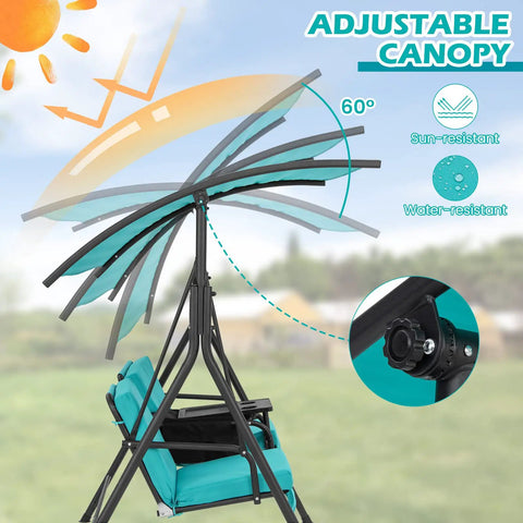 Two Person Porch Swing With Pivot Storage Table And Cooler Bag, Dual Cup Holders, Removable Cushions, Adjustable Canopy, Outdoor Patio Swing For Backyard Balcony Or Poolside, Turquoise showing adjustable sun and water-resistant canopy.