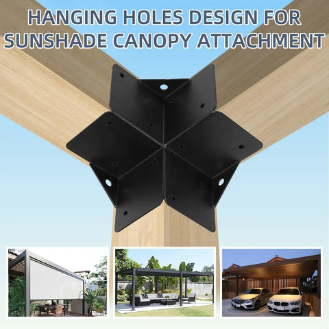 3-Way Right Angle Pergola Corner Bracket Kit, 4x4 Inch, 4 Pack With Screws installed on wooden beams for outdoor structure support