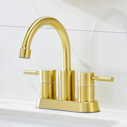 Gold Finish Bathroom Faucet With Dual Handles 360 Degree Rotating Stainless Steel Vanity Lavatory Sink Mixer Lead Free Modern Design Double Handle Commercial Style For Bathroom Sink Easy Operation And Clean Look