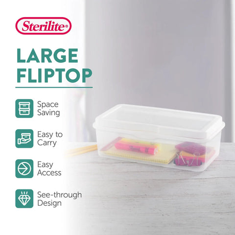 Six Pack Large Clear Plastic Storage Box With Hinged Lid, Stackable Multipurpose Organizer on table with contents inside